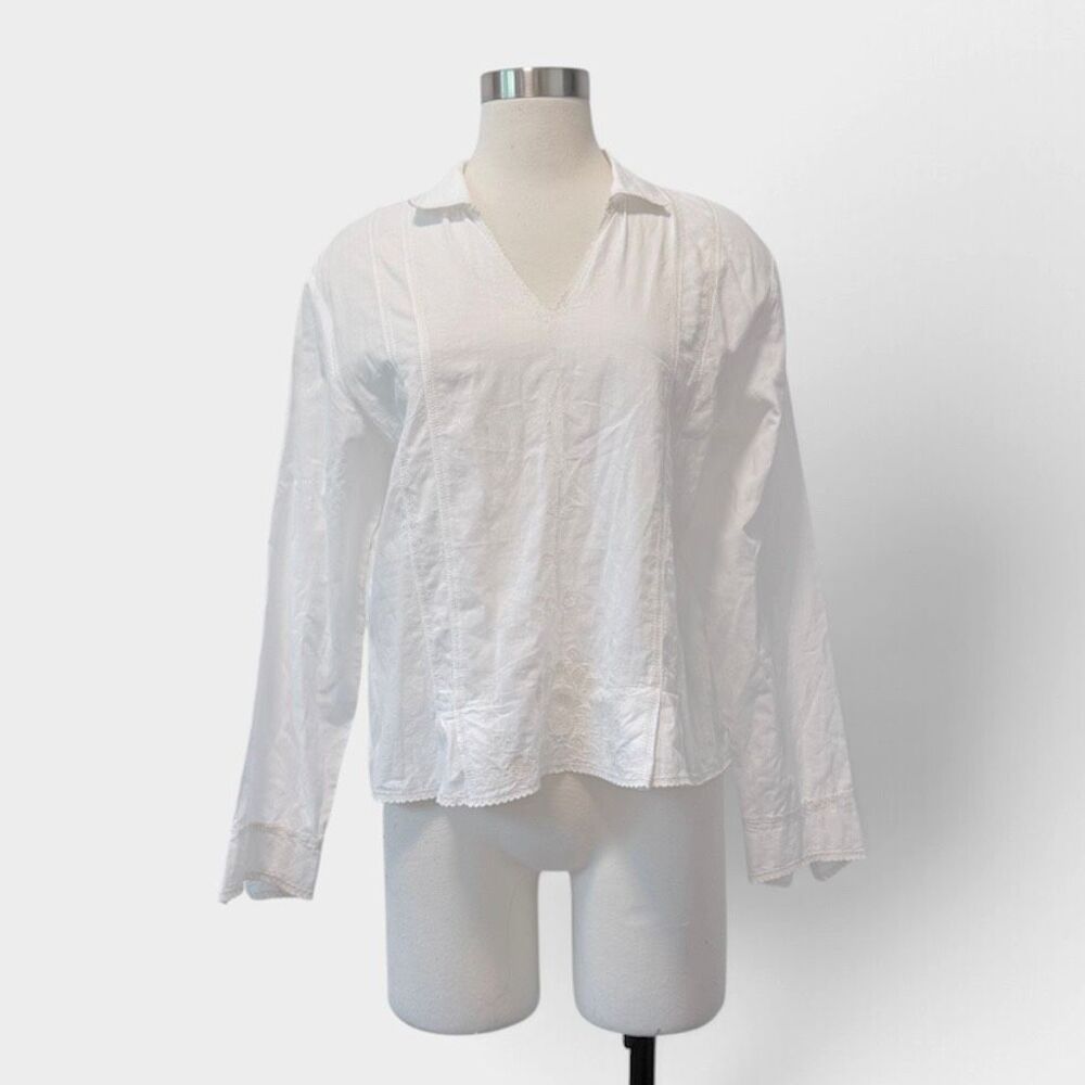 J Jill Embroidery Embroidered Top Blouse Tunic Medium Poet Trim White Boho